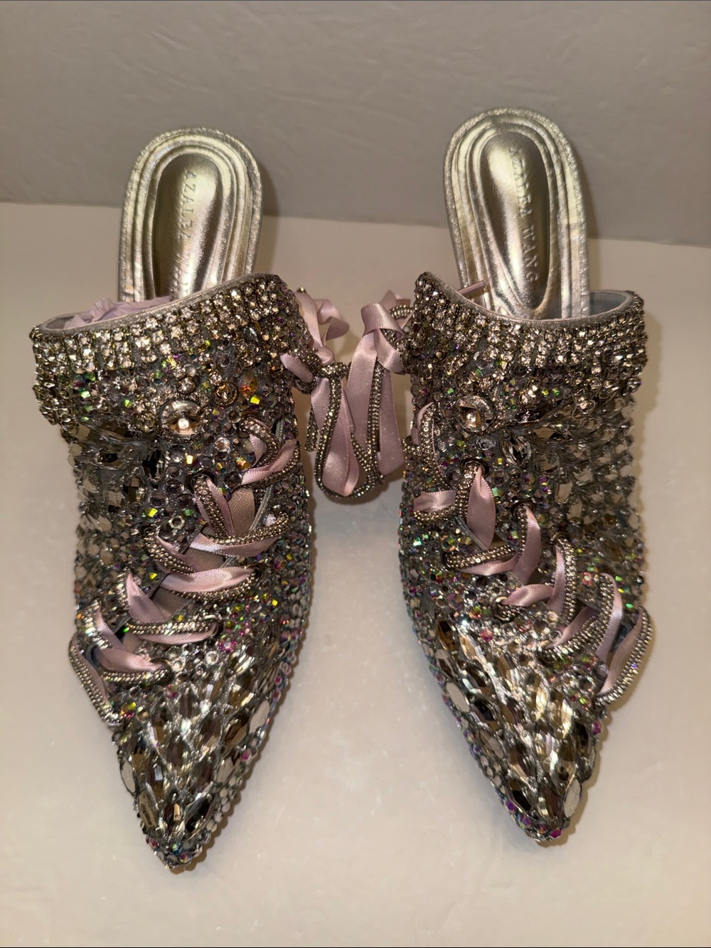 Crystal-Embellished Pointed Mules with Pink Ribbon Laces